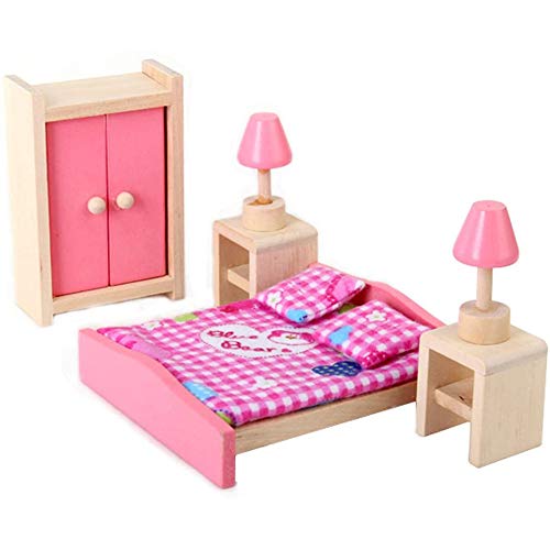 POFET Juego de muebles para dormitorio de casa de muñecas + mesa + lámpara + armario – manta Rancom