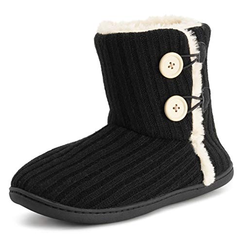 Polar Mujer Espuma De Memoria De Punto Botón Piel Sintética Al Aire Libre Suela De Goma Felpa Invierno Comodidad Zapatillas - Negro - UK7/EU40 - YC0716