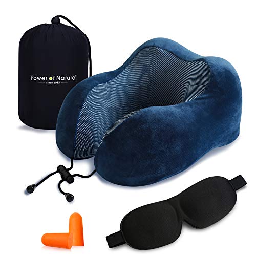 PON Almohada de Viaje Viscoelástica de Espuma de Memoria con Funda Lavable y Bolsa de Viaje Suave para el Cuello Soporte Cervical Ideal para el Uso del Avión y el Hogar (Azul)