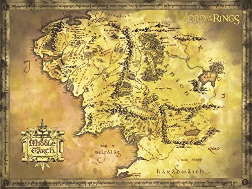 Poster de tamaño gigante "El Señor de los Anillos" Mapa de la Tierra Media (135,5cm x 98cm) + 1 paquete de tesa Powerstrips® (20 tiras)