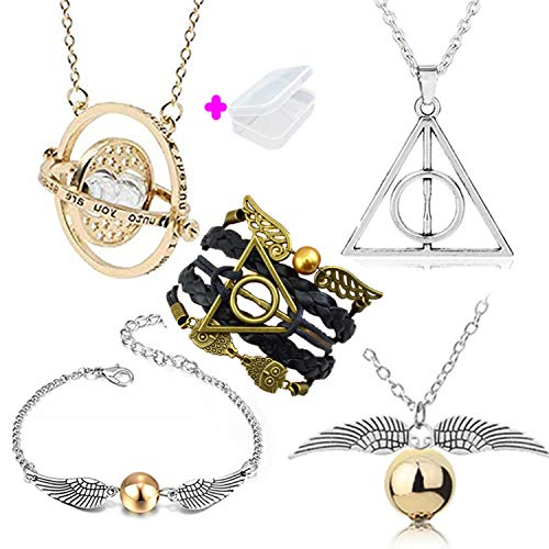 PPX 5 piezas Conjunto de collar y pulsera Time Turner Reliquias de la muerte Golden Snitch Collar y pulseras para fanáticos Regalos Colección o decoraciones Cosplay mágico Regalo de bisutería