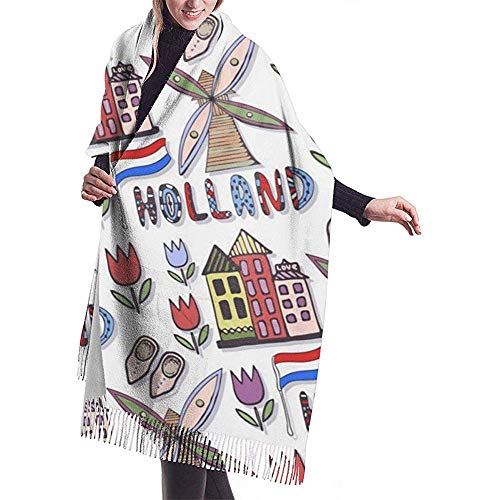 PQU Awesome Mujer Bufanda,Dibujado A Mano Holland Windmill Womens Pashmina Shawls Wraps Para Escalada Camping Senderismo