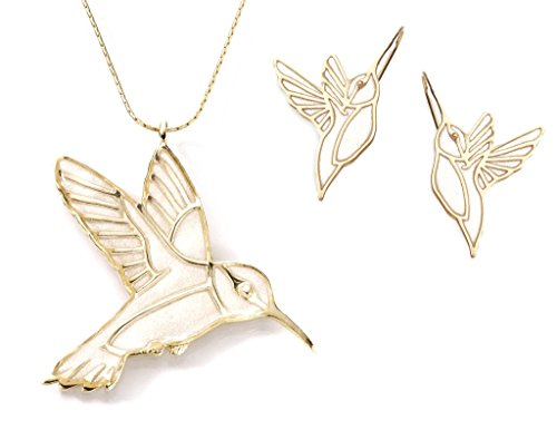 Precioso conjunto de collar y pendientes de oro a juego - Dijes millefiori en forma de colibrí - Aretes artesanales en color perla - Joyería de Israel hecha a mano