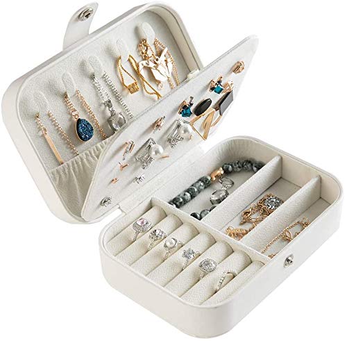 PRIMEHARUI Caja Joyero Pequeña,Portátil Joyero Viaje Cajas para Joyas Jewelry Organizer para Mujer, para Anillos, Aretes, Pendientes, Pulseras y Collares (Blanco)