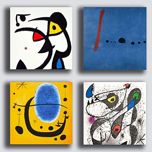 Printerland - Cuadros modernos estilo miro mirò 4 piezas 30 x 30 cm decoración arte abstracto XXL decoración para salón, dormitorio, cocina, oficina, bar, restaurante, madera, impresión sobre lienzo