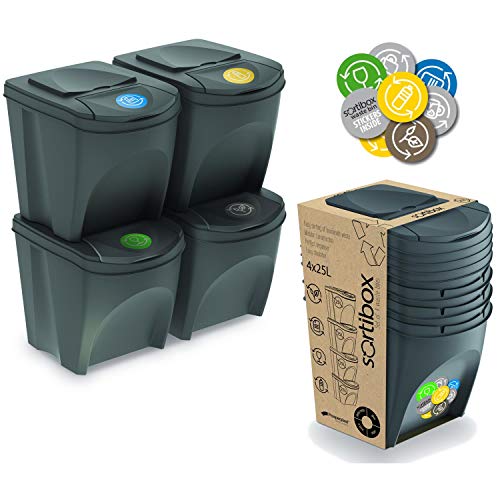 Prosperplast Juego de 4 cubos de reciclaje 100L Sortibox de plastico en color gris, 4x25L Prosperplast Juego de 4 cubos de reciclaje 100L Sortibox de plastico en color gris, 4x25L