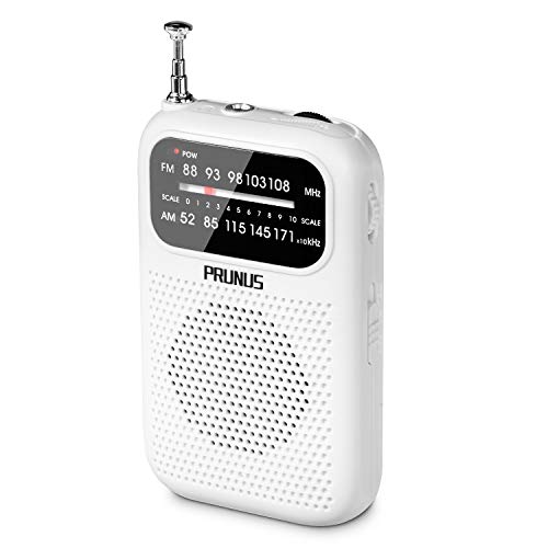 PRUNUS Radio de Transistor portátil, FM/Am Mini Radio de Bolsillo con Auriculares. Batería con Pilas 2 AAA para Correr, Caminar y Viajar. (Blanco)