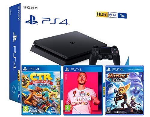 PS4 Slim 1Tb Negra Playstation 4 Consola (Pack 3 Juegos) + FIFA 20 + Crash Team Racing: Nitro Fueled + Ratchet & Clank