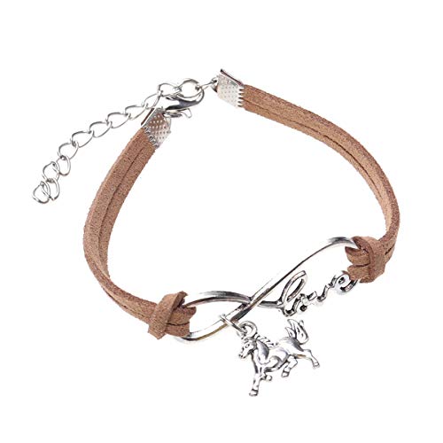 Pulsera de cuero de cadena de cuerda tejida a mano Pulsera de metal colgante de joyería para mujeres (caballo, café)