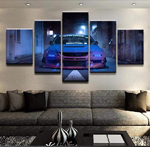 PYLTTK Decoracion Pinturas en Lienzo Arte de Pared para Sala de Estar Decoración para el hogar 5 Piezas Blue Car Lancer Evolution Sport Car Pictures Framework