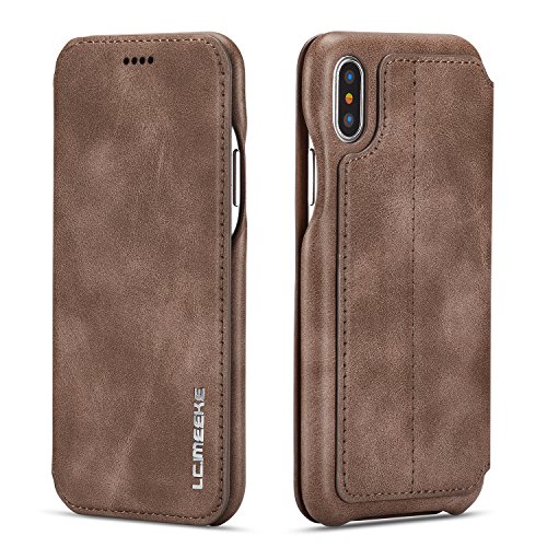 QLTYPRI Case for iPhone X, Vintage Slim Magnetic Closure PU Leather Case with Stand Function & Credit Card Slot Holder Shockproof Flip Wallet Cover for iPhone X - Brown