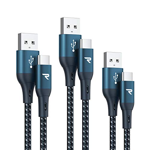 Rampow - Cable USB tipo C a USB [1 m + 2 m + 3 m/lote de 3] – Carga rápida – Cable USB C de nailon trenzado de fibra para Samsung S10/S9/S8/Note 9, Sony Xperia, Honor, LG – azul marino