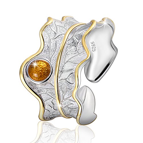 ♥ Regalo para Navidad♥ JIANGYUYAN S925 anillos de plata esterlina anillo de hoja ajustable natural hecho a mano único regalo de joyería de moda para mujeres y niñas(Yellow)