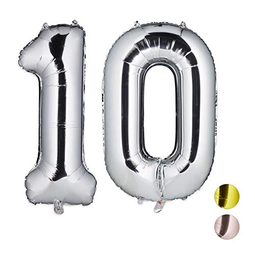 Relaxdays, Plateado, 85-100 cm Globos de Cumpleaños Número 10, Aluminio