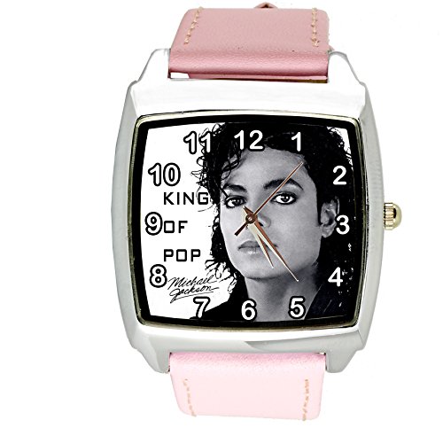 Reloj cuadrado de cuarzo para Michael Jackson, esfera de piel auténtica, color rosa, incluye batería de repuesto y bolsa de regalo