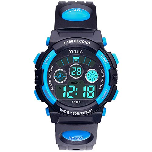 Reloj Digital para Niños,Niños Niñas 50M (5ATM) Impermeable 7 Colores LED Relojes Deportivos Multifuncionales para Exteriores con Alarma (Negro Azul) Reloj Digital para Niños,Niños Niñas 50M (5ATM) Impermeable 7 Colores LED Relojes Deportivos Multifuncionales para Exteriores con Alarma (Negro Azul)