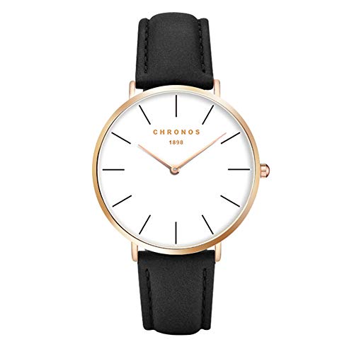 Relojes Mujer y Hombre Ultradelgado Cuero Clásico, Negro-Oro Rosa