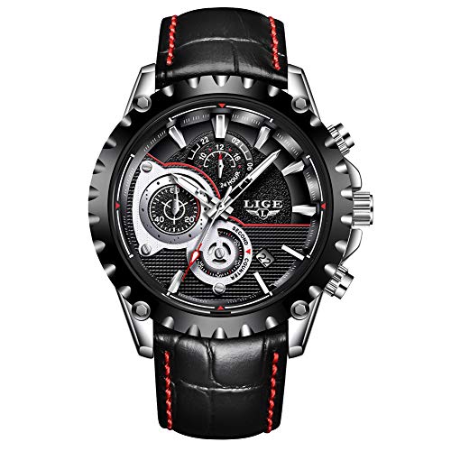 Relojes para Hombres,LIGE Correa de Cuero Impermeable Deportes Militar Reloj Gents Cronógrafo Calendario Top Marca Analógico de Cuarzo Relojes de Pulsera Negro