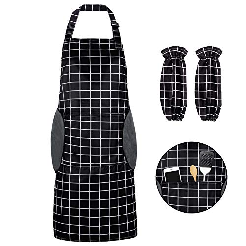 Renfox Delantal de Cocina Impermeable con Bolsillos Correa para el Cuello Ajustable Delantales Hombre Mujer Delantal Cocinero Mandil Cocina para Jardinería Restaurante Barbacoa Cocinar Hornear