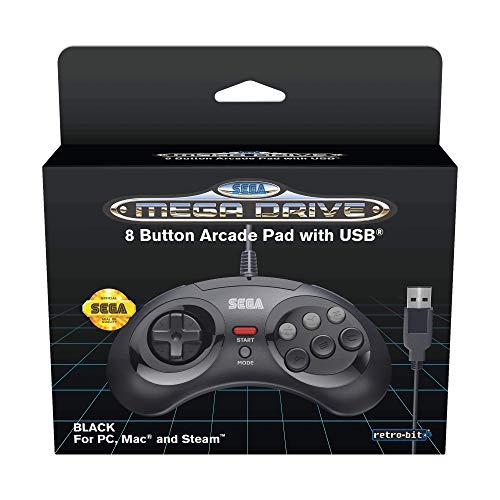 Retro-Bit Official SEGA Mega Drive USB Controller 8-Button Arcade Pad for PC, Mac, Steam, RetroPie, Raspberry Pi - USB Port - Black [Importación inglesa]