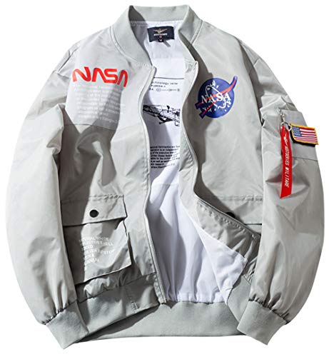 ROSEUNION NASA Chaqueta Ma-1 Impresión Cierre De Cremallera Jacket Sporty Bomber Suelto Casual para Abrigos Espesar Modelos De Pareja (Medium, Gris)