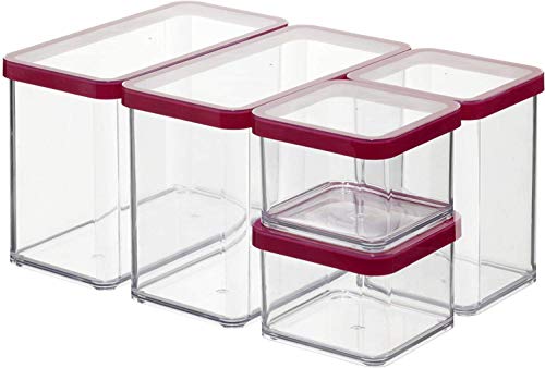 Rotho Loft, Juego de 5 cajas de almacenamiento con tapa de diferentes tamaños, Plástico PP sin BPA, transparente, rojo, 2 x 2.1l, 1 x 1.0l, 2 x 0.5l 30.0 x 21.0 x 15.0 cm