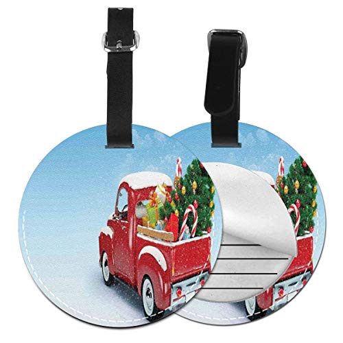Round Travel Luggage Tags,Red Classical Pickup Truck with Tree Gifts and Ornaments Snowy Winter Day Image,Leather Baggage Tag