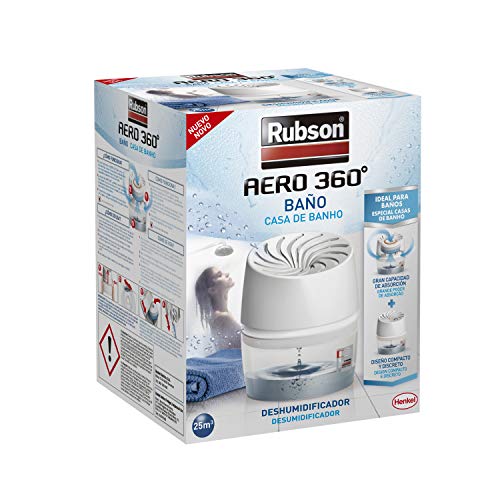 Rubson AERO 360º Baño, deshumidificador portátil sin cable para baño, absorbe humedad para la circulación del aire, disipador de condensación, dispositivo y tableta, 450 g