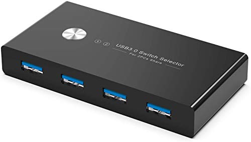 Rybozen 4 Puertos USB 3.0 Switch, USB KVM Conmutador 2 Entradas y 4 Salidas con 2 Cable USB para Compartir Teclado, Ratón, Disco Duro, Impresoras, Escáneres