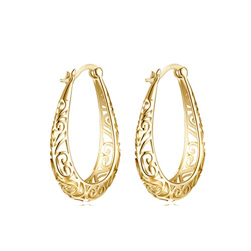 S925 Pendientes de mujer Aros Oreja Aro de plata esterlina Filigrana Pendientes de oreja Pendiente de diseño hueco para mujeres Niñas (oro)