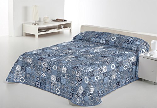 SABANALIA - Colcha Estampada Rustik (Disponible en Varios tamaños), Color Azul, Cama 90-180 x 280 cm