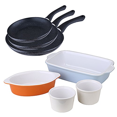 San Ignacio Set 3 sartenes Ø16/Ø20 Aluminio prensado (Ligeras y funcionales) aptas para inducción + 4 Fuentes/bandejas cerámicas para Horno (Elegantes) 26, 20 y Ø8,5 (x2) cms, Negro, Ø16 Ø20 Ø24