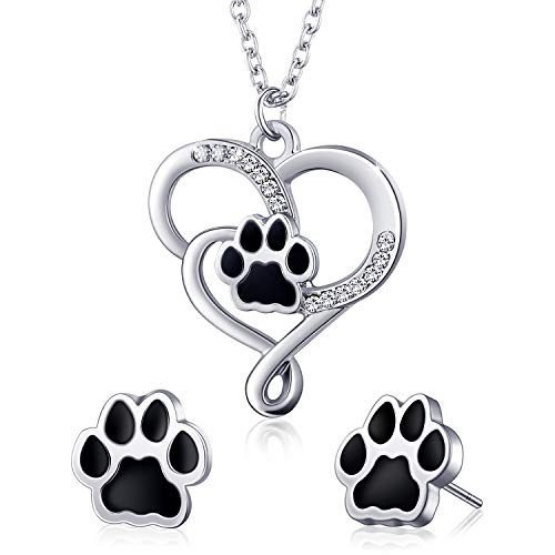 Set de Joya de Impresión de Pata Collar con Forma de Corazón de Pata de Perro Pendientes de Pata de Mascota