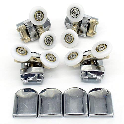 Set de rodamientos de mampara corredera de ducha doble, con guías y ruedas de 25 mm de diámetro (4 unidades) Set de rodamientos de mampara corredera de ducha doble, con guías y ruedas de 25 mm de diámetro (4 unidades)