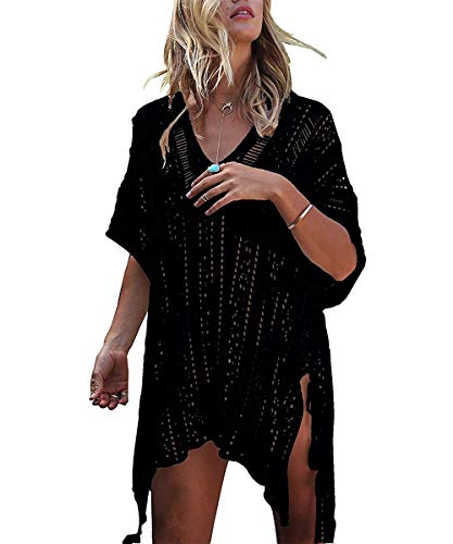 ShinyStar - Poncho de playa para mujer, de punto, bikini, traje de baño, cocodrilo, vestido de playa con borlas, tamaño grande Negro
 Talla única