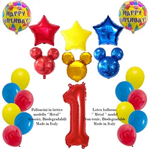 Shopama Globos de decoración para 1 cumpleaños 1 año 1 cumpleaños 1 año Mickey Número 1 Mylar globos de látex metal y Mylar Set de 21 unidades