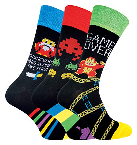 Sock Snob Calcetines Divertidos Hombre | Calcetas Videojuegos | 3 Pares (39-45, Zelda/DK/Space Invaders)