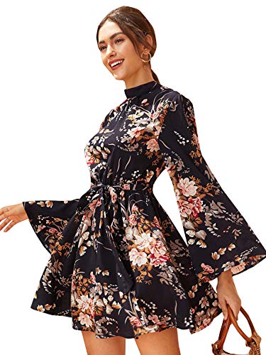 SOLYHUX Mujeres Elegante Vestido A línea Transparente de Verano De Manga Acampanada con Estampado,Cuello Volantes, Mangas largas SOLYHUX Mujeres Elegante Vestido A línea Transparente de Verano De Manga Acampanada con Estampado,Cuello Volantes, Mangas largas