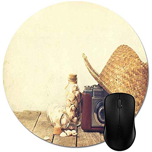 Sombrero de Paja de Verano con cámara Vintage Antigua y Conchas en Alfombrilla de Madera con Estilo Accesorio de computadora de Oficina (Redondo) 7.9X7.9 en Sombrero de Paja de Verano con cámara Vintage Antigua y Conchas en Alfombrilla de Madera con Estilo Accesorio de computadora de Oficina (Redondo) 7.9X7.9 en