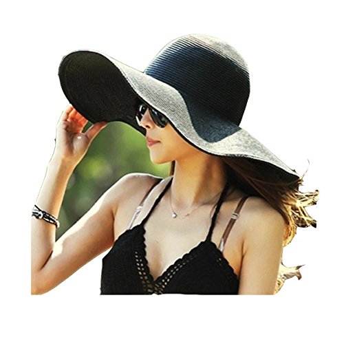 Sombrero de Playa con ala Ancha Plegable para Mujer Sombrero de Paja de Verano en Piscina y Parque Negro