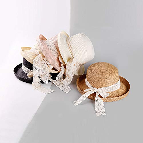 Sombrero para el Sol con Lazo Sombrero Cinta de Encaje Sombrero de Paja Trenzado Grande - Rosa M (56-58cm)