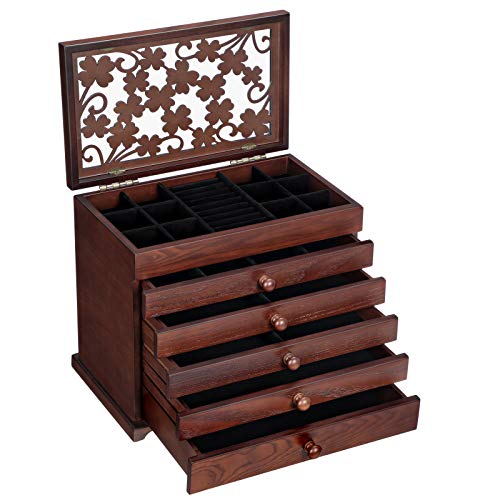 SONGMICS Caja de Madera para Joyas con Tallas Florales, Caja Joyero de 6 Niveles con 5 Cajones Extraíbles, Regalo para los Seres Queridos, Marrón Oscuro JBC56W SONGMICS Caja de Madera para Joyas con Tallas Florales, Caja Joyero de 6 Niveles con 5 Cajones Extraíbles, Regalo para los Seres Queridos, Marrón Oscuro JBC56W