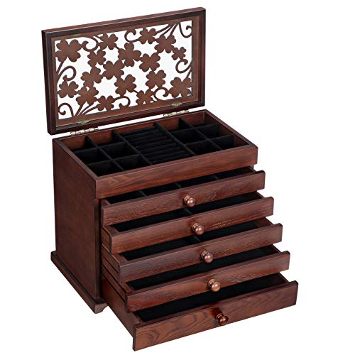 SONGMICS Caja de Madera para Joyas con Tallas Florales, Caja Joyero de 6 Niveles con 5 Cajones Extraíbles, Regalo para los Seres Queridos, Marrón Oscuro JBC56W