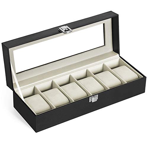 SONGMICS Caja de Relojes con 6 Compartimentos, Tapa de Cristal, Forro de Terciopelo, con Cojines y Cerradura, 30 x 11,2 x 8 cm, Negro y Beige JWB06BE SONGMICS Caja de Relojes con 6 Compartimentos, Tapa de Cristal, Forro de Terciopelo, con Cojines y Cerradura, 30 x 11,2 x 8 cm, Negro y Beige JWB06BE