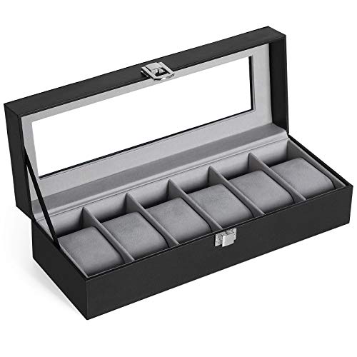 SONGMICS Caja de Relojes con 6 Compartimentos, Tapa de Cristal, Forro de Terciopelo, con Cojines y Cerradura, 30 x 11,2 x 8 cm, Negro y Gris JWB06BK