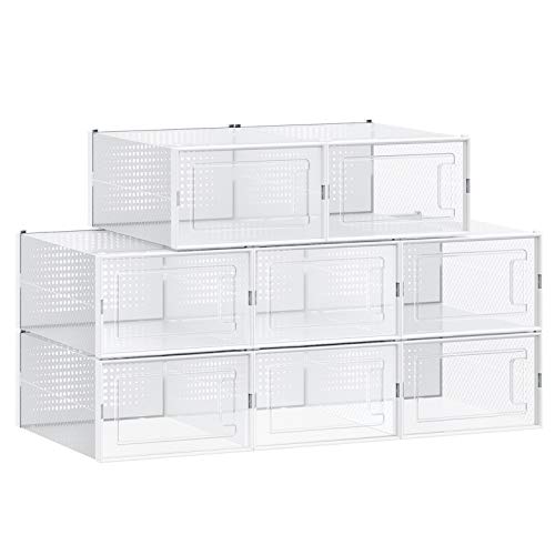 SONGMICS Cajas de Zapatos, Paquete de 8 Organizadores de Almacenamiento, Plegables y Apilables para Zapatillas hasta Talla 44, Transparente y Blanco LSP08MWT