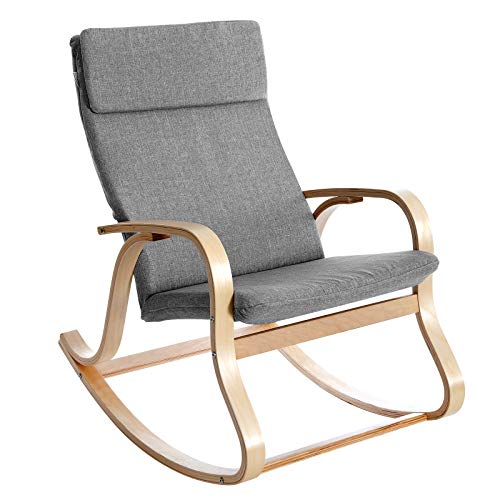 SONGMICS Mecedora, Sillón Giratorio, Funda de Tela de Lino Similar con Forro Extraíble, Silla de Terraza, Marco de Madera de Abedul, Capacidad de Carga 120 kg, Gris Ahumado LYY30GY