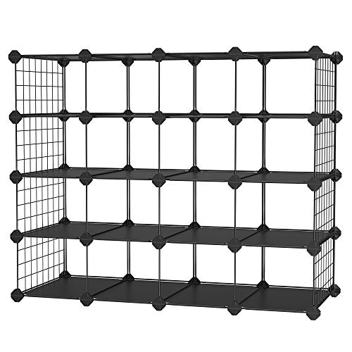 SONGMICS Zapatero de 4 Niveles, Armario Modular con 16 Compartimentos Abiertos, con Panel de plástico, Alambre Metálico, 91 x 36 x 71 cm, Negro LPM044B01