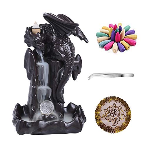 Soporte de incienso en cascada, quemador de incienso de dragón de reflujo para decoración del hogar, regalos para familiares y amigos con 20 conos de incienso, 30 varillas de incienso de cerámica gris Soporte de incienso en cascada, quemador de incienso de dragón de reflujo para decoración del hogar, regalos para familiares y amigos con 20 conos de incienso, 30 varillas de incienso de cerámica gris