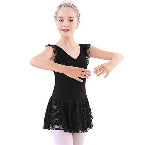 Soudittur Maillot de Ballet Niña Vestido de Danza Baile Tutú Leotardo Algodón Gimnasia Clásico Sin Mangas con Faldas de Encaje en Negro (12-13 Años)